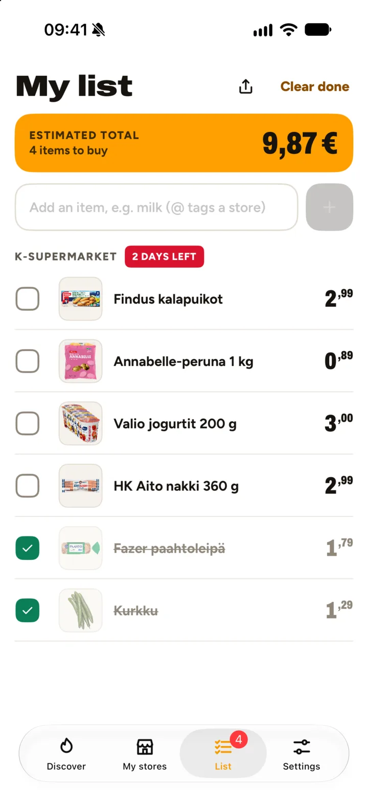 A shopping list in Ale Pro with prices and an estimated total